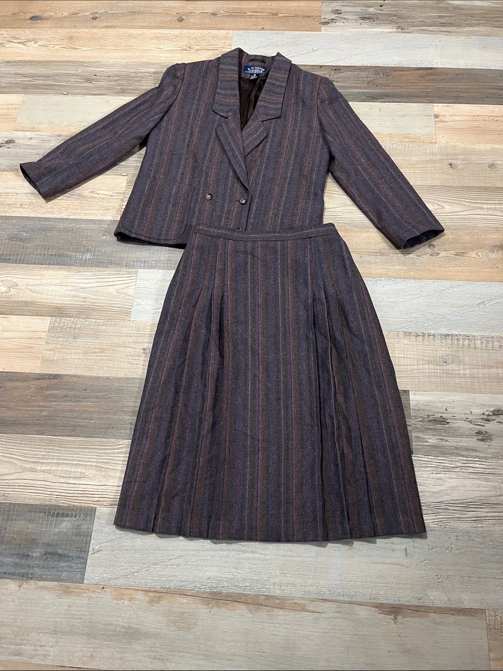 E. H. WOODS Classic Brown Pinstripe Two-Piece Skirt Set Wool Blend Sz 12